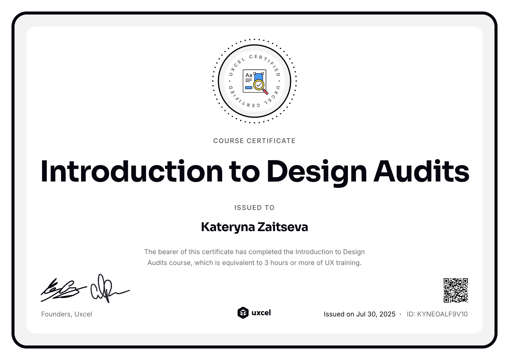 Kateryna Zaitseva's certificate